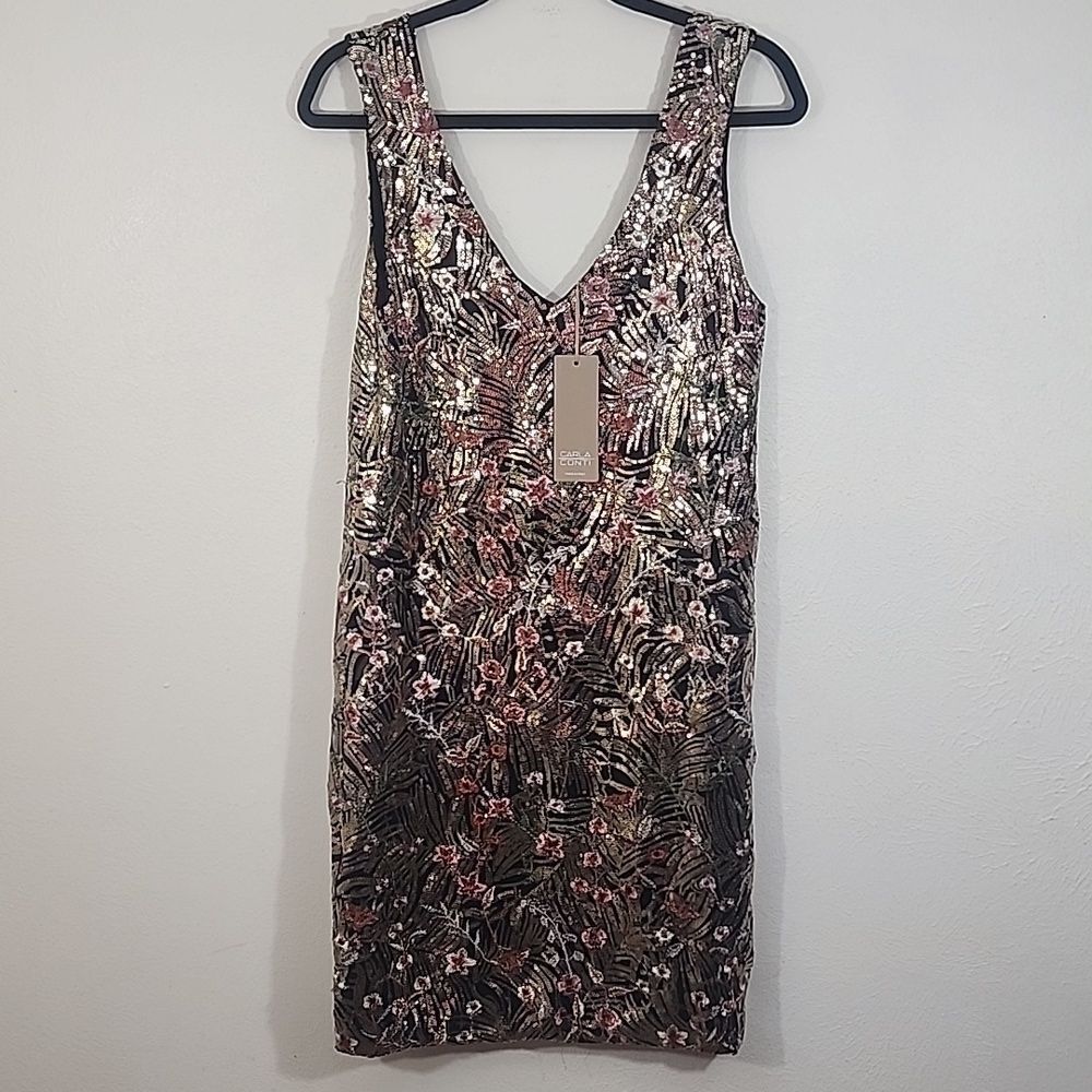 Carla Conti floral embroidered sequined multi-color glam dress size M NWT